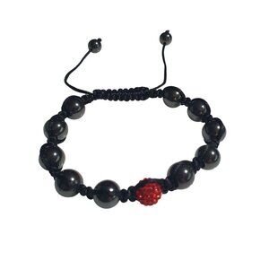 Black Adjustable Beaded Bracelet Hematite Beads Red Accent Rhinestone Bead